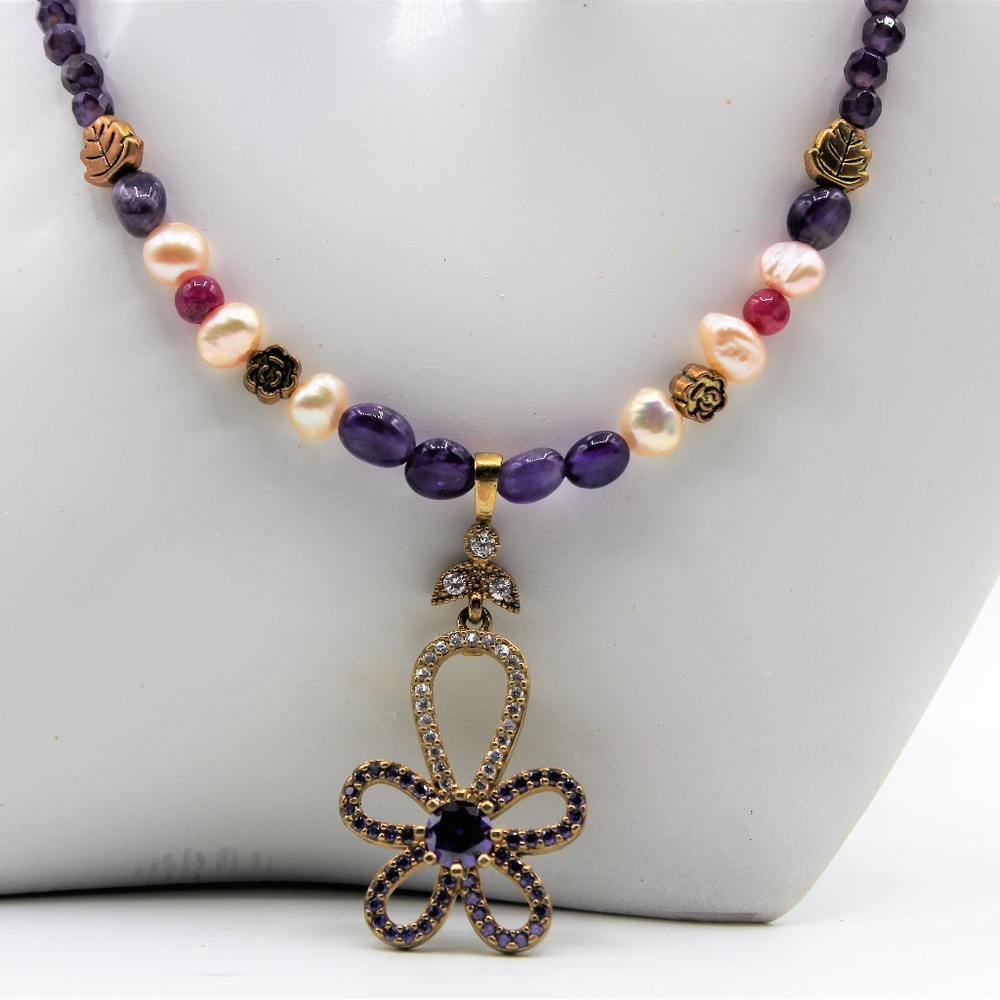 Amethyst, pearl delicate flower pendant necklace